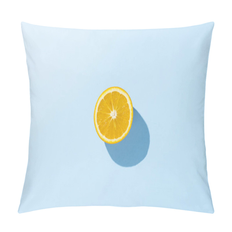 Personality  Cut Half Of Orange On A Blue Background. Minimalism. Concept Of Tropics, Healthy Eating, Vitamins. Flat Lay, Top View. Pillow Covers