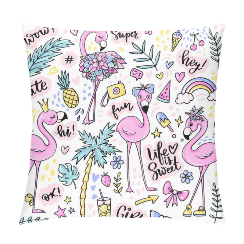 Personality  Cute Summer Stickers Set With Flamingos, Ice Cream, Watermelon, Pineapple, Rainbow, Lemonade, Tropical Leaves. Pillow Covers