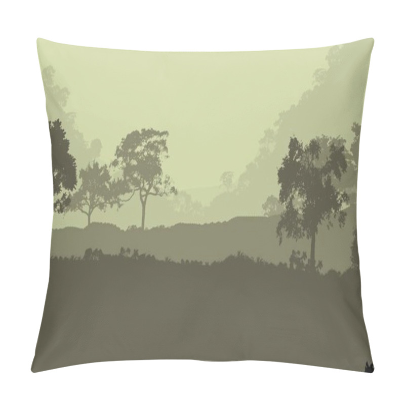 Personality  Abstract Silhouetted Background With Foggy Forest Trees Pillow Covers