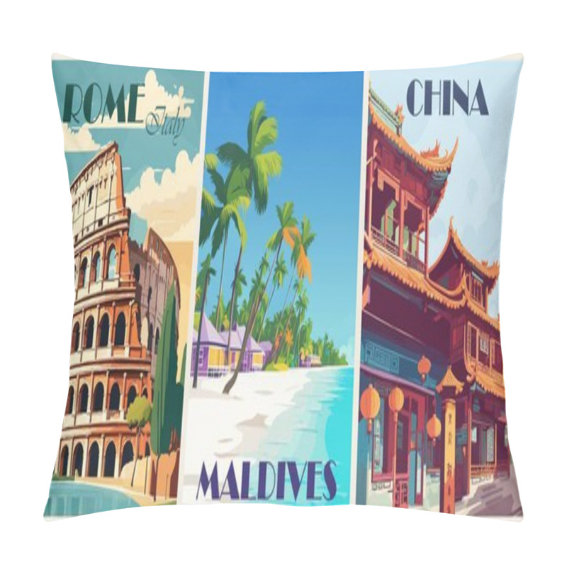 Personality  Set Of Travel Destination Posters In Retro Style Featuring Rome, Italys Colosseum, A China Old Temple, And A Maldives Ocean Beach With Palm Trees And Bungalows. Vintage Colorful Vector Illustrations. Pillow Covers