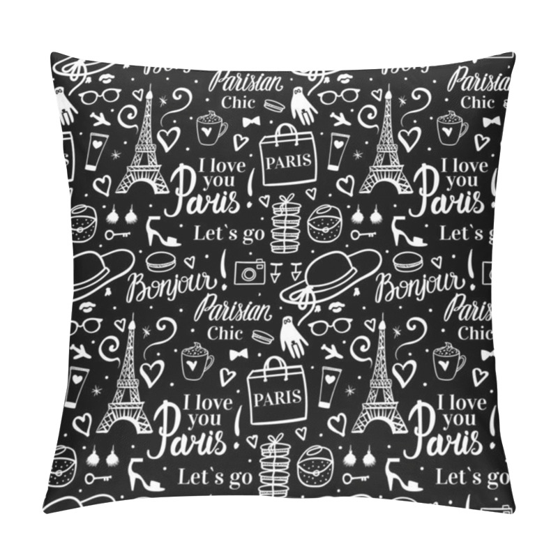 Personality  Paris Shopping White And Black Seamless Pattern. Eiffel Tower Woman Tourism Tour With A Shop Concept. Elegant Hand Drawn Style. Pillow Covers