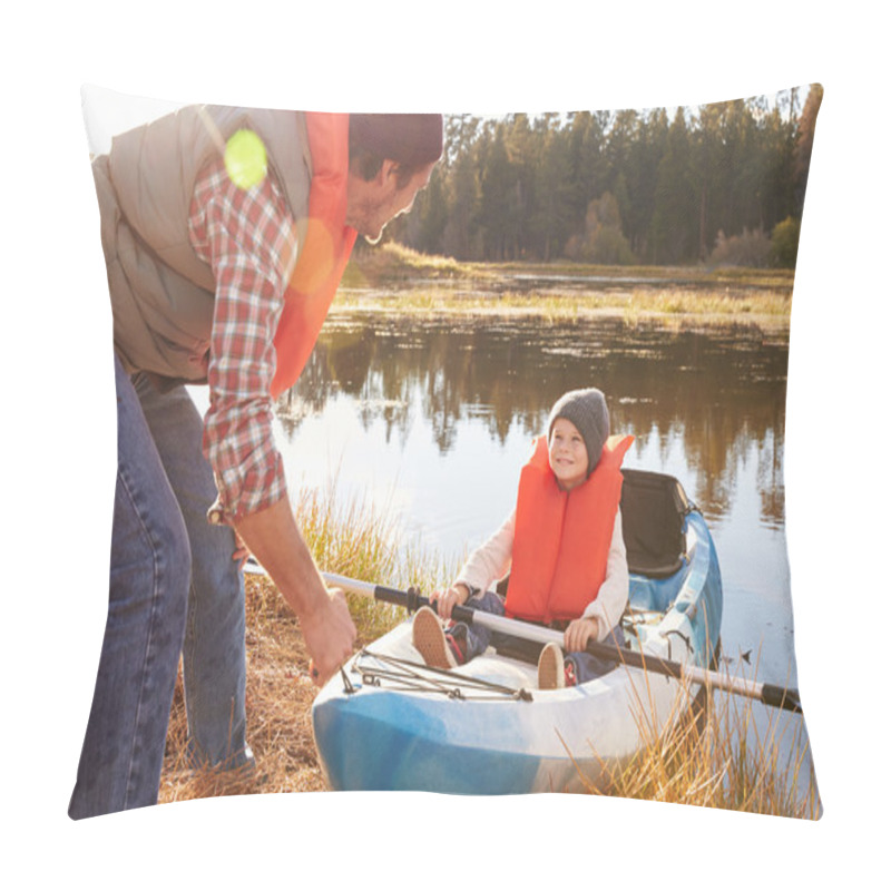 Personality  Father Preparing Launch For Son In Kayak Pillow Covers