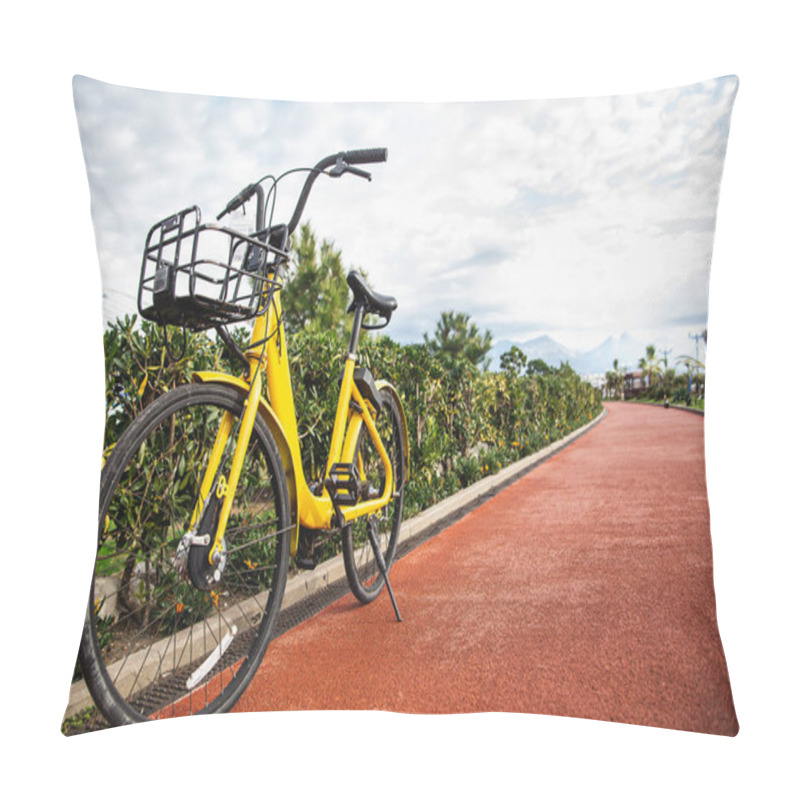 Personality  Yellow Bike Network Rental Stands On The Red Bike Path Pillow Covers