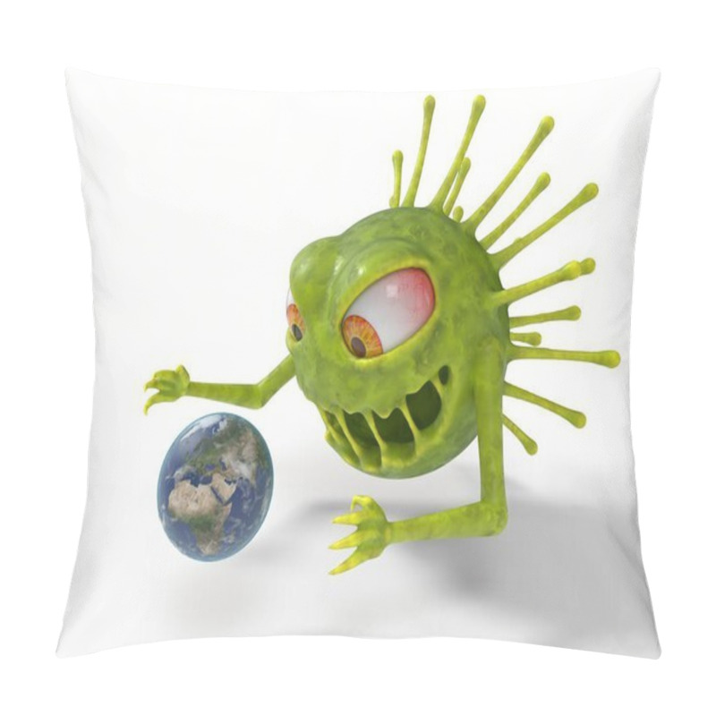 Personality  Corona Virus Monster With Attacks Earth. Suitable For Covid-19, Corona And Other Virus Themes. 3D Illustration, Cartoon Virus Character Pillow Covers