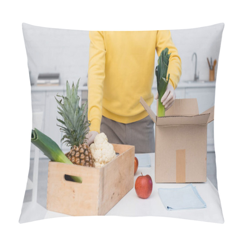 Personality  Cropped View Of Man In Latex Gloves Taking Fresh Food Near Boxes And Rags In Kitchen  Pillow Covers