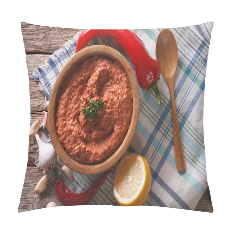 Personality  Red Muhammara And Ingredients Close-up. Horizontal Top View Pillow Covers