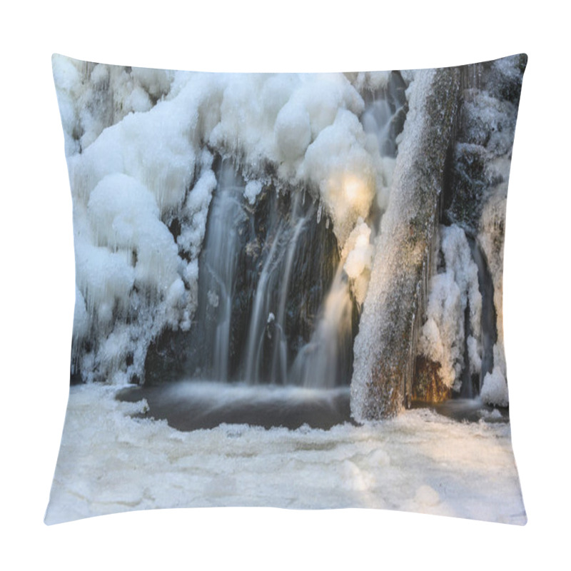 Personality  Beautiful Frozen Waterfall In The Winter. Frozen Water An Ice Everywhere. Icy Wood Log And Rocks. Light Rays Shining Through The Woods Pillow Covers