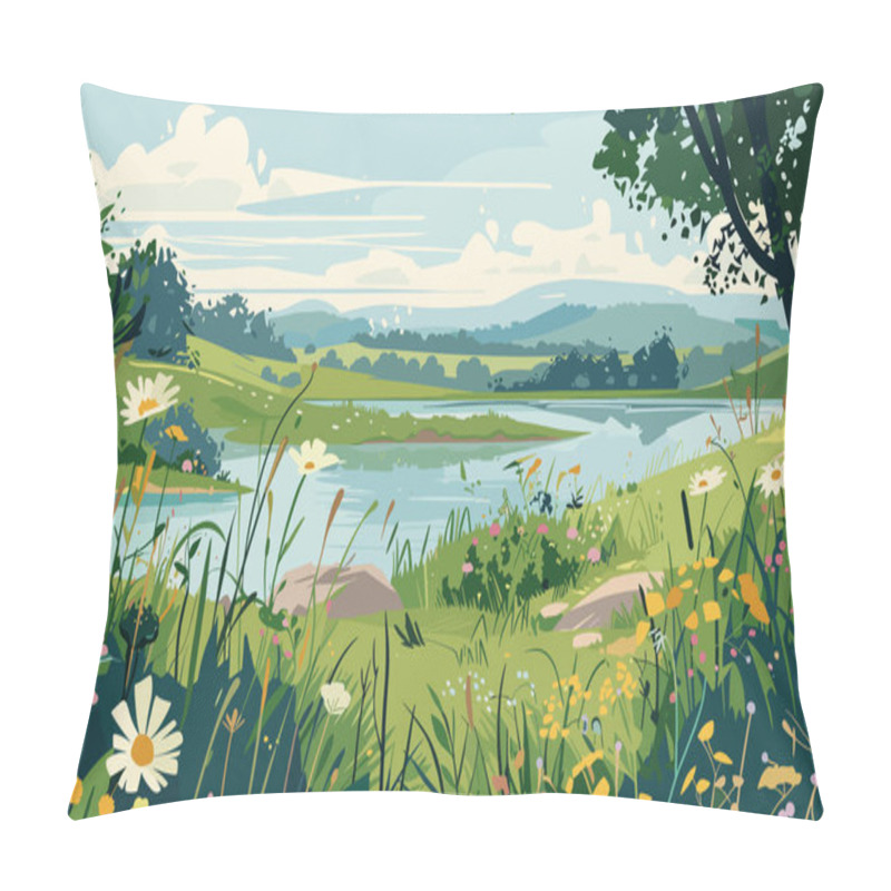 Personality  Vector Illustration Of A Beautiful River Scenery. Sunny Summer Day Pillow Covers