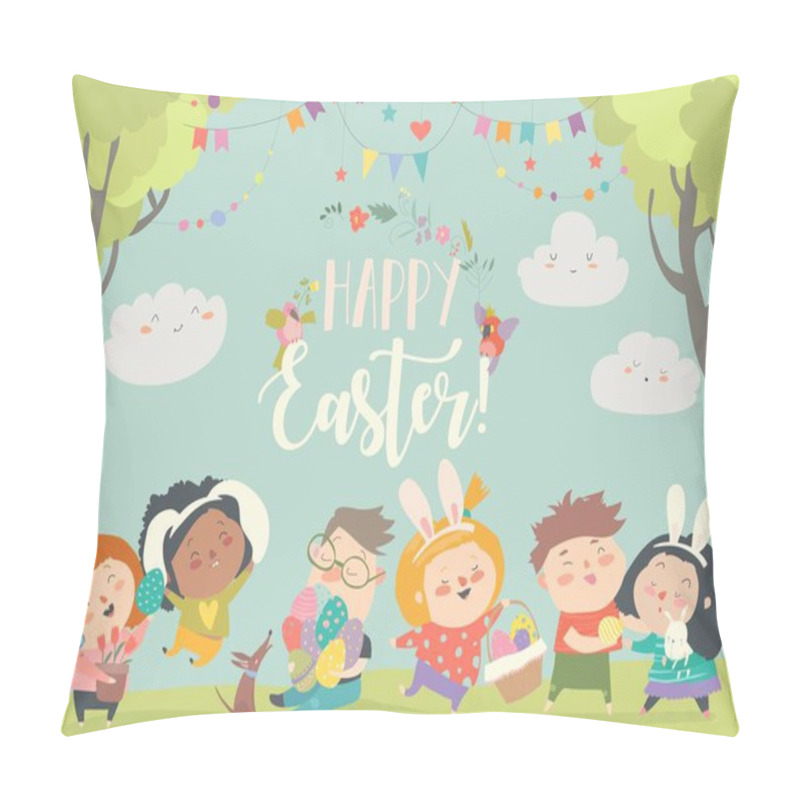 Personality  Happy Children Celebrating Easter In The Forest Pillow Covers