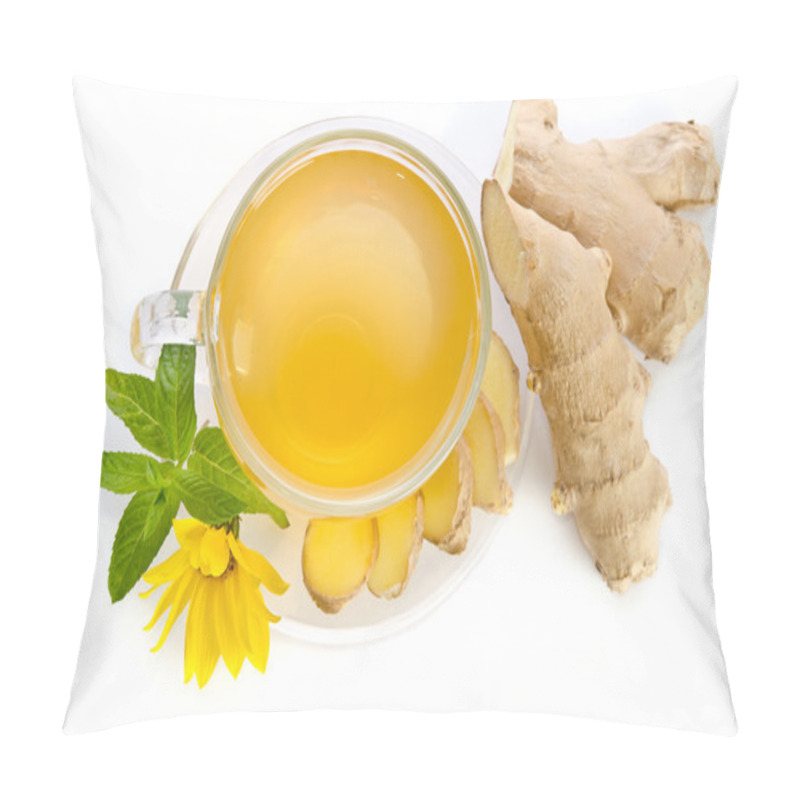 Personality  Cup Of Tea With  Ginger Slices And  Echinacea Flower Near Isolat Pillow Covers