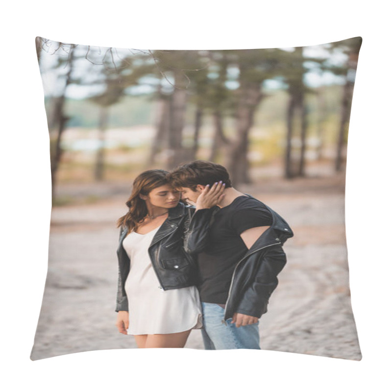 Personality  Young Woman In Dress And Leather Jacket Touching Boyfriend In Forest  Pillow Covers