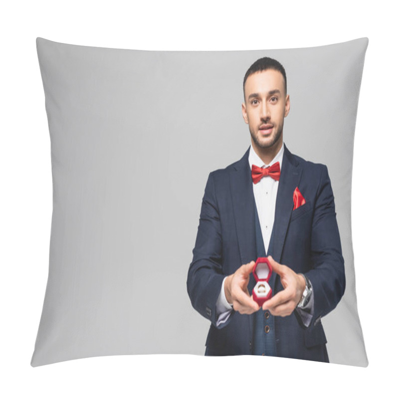 Personality  Young Hispanic Man In Elegant Suit Holding Red Jewelry Box With Wedding Ring Isolated On Grey Pillow Covers