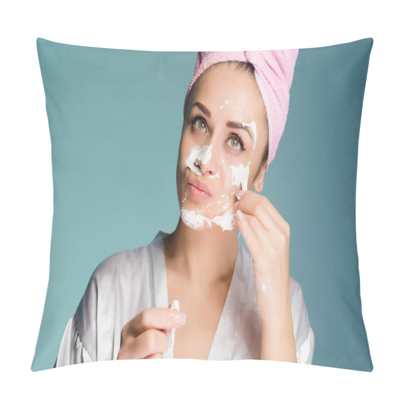 Personality  Woman With Towel On Her Head Takes Mask Off Face And Looks Up Pillow Covers