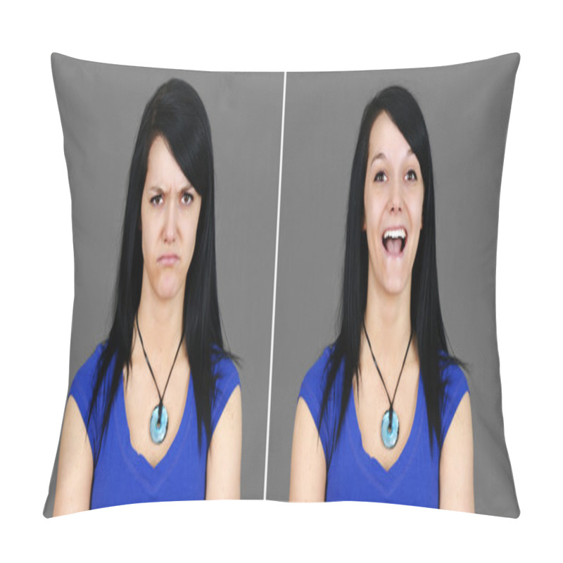 Personality  Choice Of Super Happy And Mad Young Woman Portraits Pillow Covers