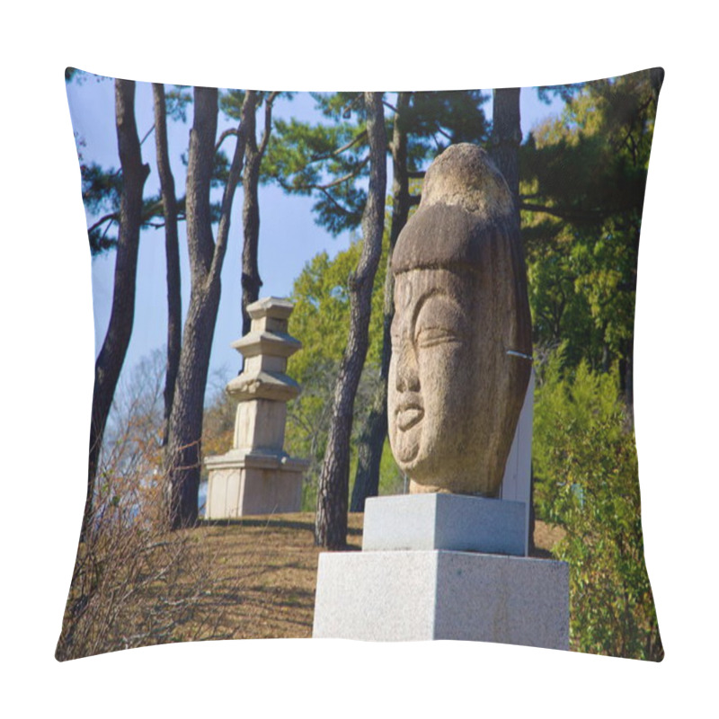 Personality  Gyeongju, South Korea - November 11th, 2023: A Serene Stone Buddha Head Is Displayed Near A Traditional Stone Pagoda At Gyeongju National Museum, Set Among Pine Trees That Evoke Tranquility And Reflection. Pillow Covers