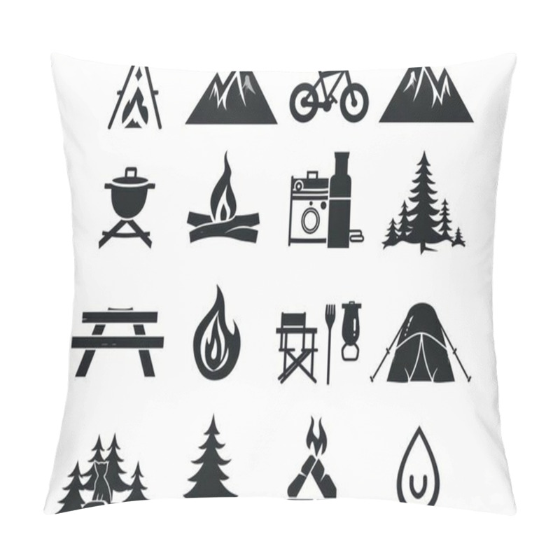 Personality  A Collection Of Outdoor Icons, Showcasing Camping, Biking, And Nature Elements In Black Silhouettes. Pillow Covers