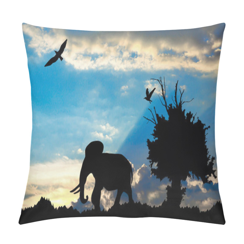 Personality  Jungle With Old Tree, Birds And Elephant On Blue Cloudy Sunset Background Pillow Covers