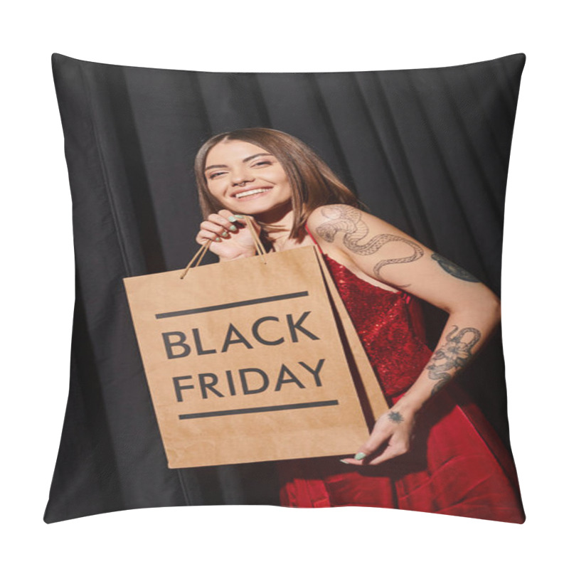 Personality  Attractive Woman With Piercing And Tattoos With Shopping Back In Hands, Black Friday Concept Pillow Covers