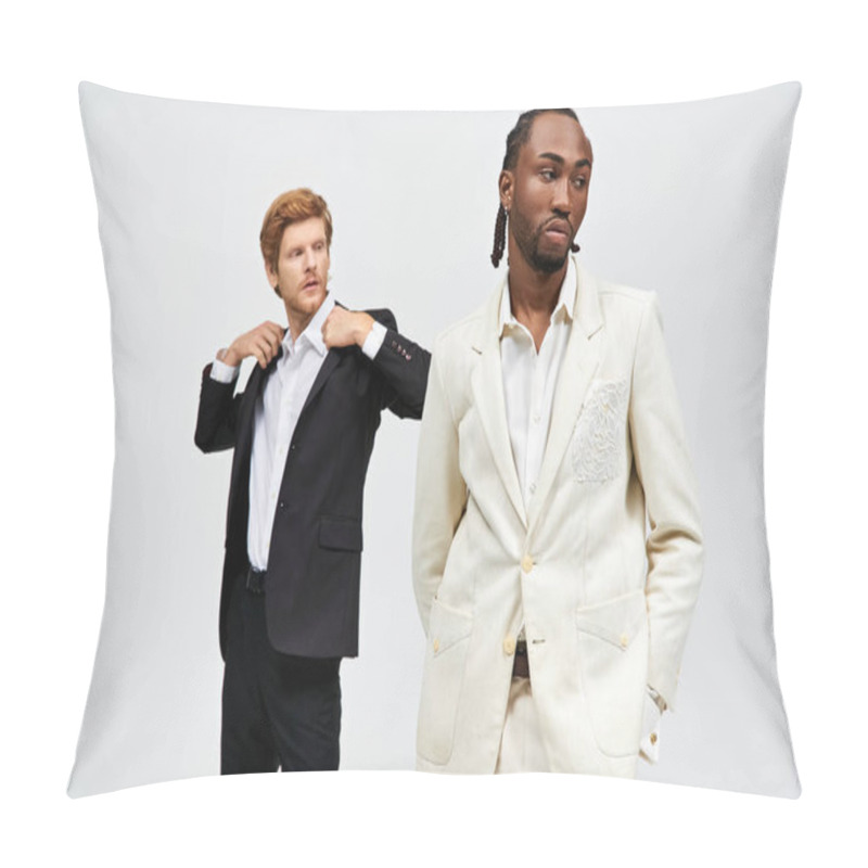 Personality  Two Multicultural Men In Elegant Suits Strike A Confident Pose. Pillow Covers