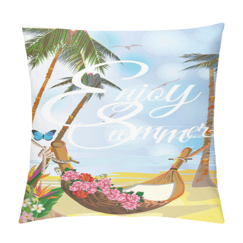 Personality  Background With A Sandy Beach With Palm Trees And Flowers.  Pillow Covers