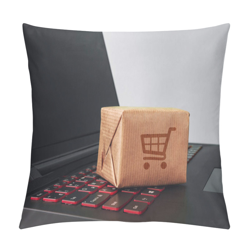 Personality  Online Shopping / Ecommerce And Delivery Service Concept : Paper Cartons With A Shopping Cart Or Trolley Logo On A Laptop Keyboard, Depicts Customers Order Things From Retailer Sites Via The Internet. Pillow Covers