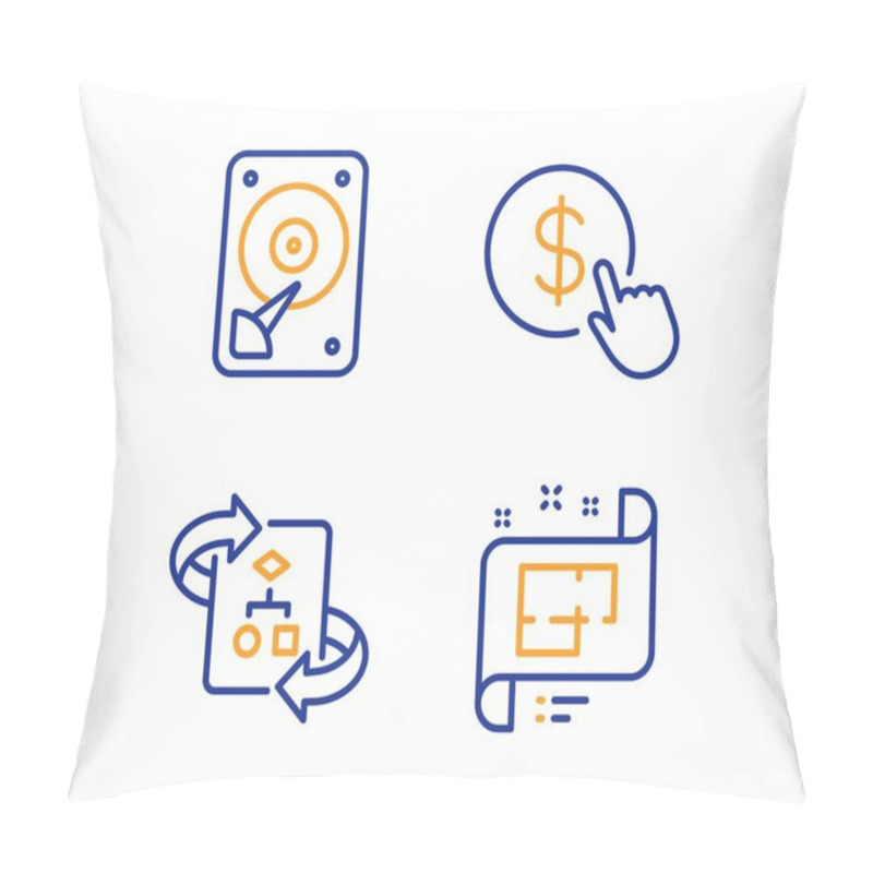 Personality  Technical Algorithm, Buy Currency And Hdd Icons Simple Set. Architectural Plan Sign. Project Doc, Money Exchange, Hard Disk. Technical Project. Technology Set. Linear Technical Algorithm Icon. Vector Pillow Covers