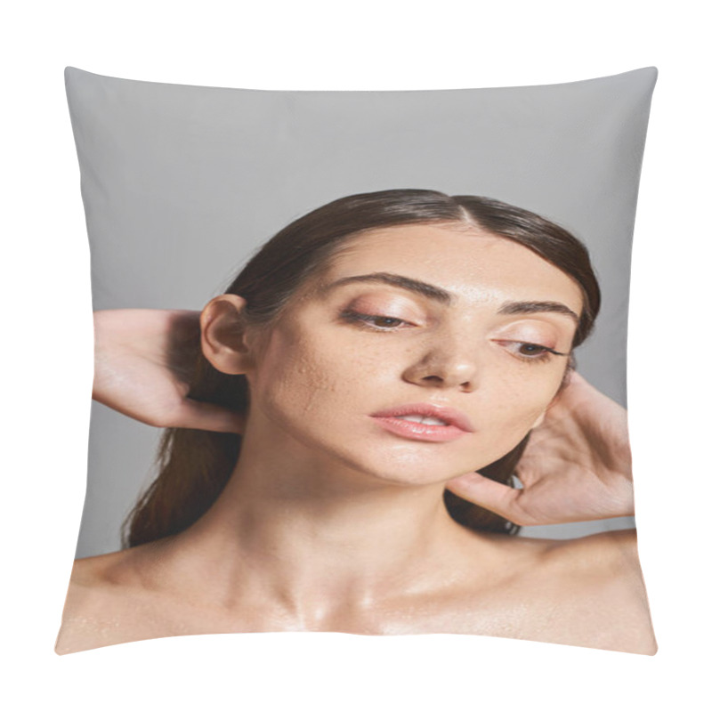 Personality  A Young Caucasian Woman With Brunette Hair Holds Her Head Near Hair Pillow Covers