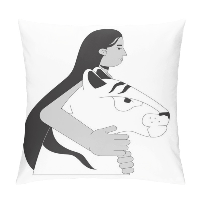 Personality  Indian Woman Embracing Tiger Head Black And White 2D Line Character. Animal Guardian. South Asian Female Hugging Wildcat Predator Isolated Vector Outline Person. Monochromatic Spot Illustration Pillow Covers