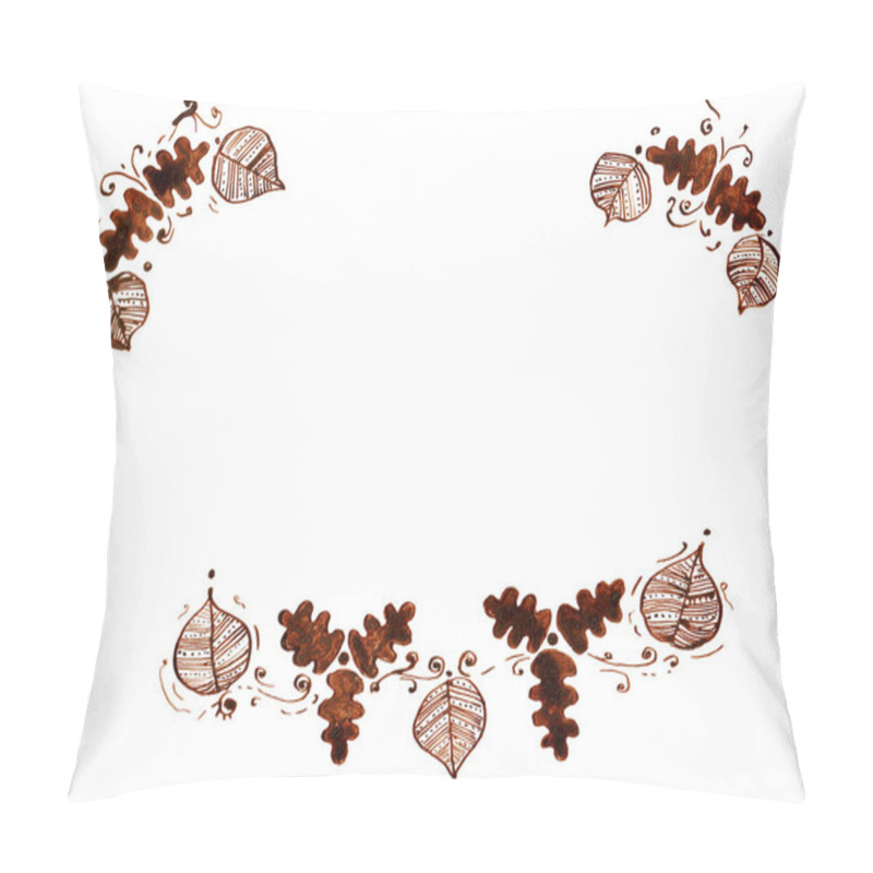 Personality  Frame, Framing Of Leaves. White Background And Copy Space. Leaves Of Different Shapes And Sizes, Filled With Decor. Lines, Dots, Ornament Or Fill. Brown Color. Doodle. Dots, Swirls Around. Isolated. Pillow Covers