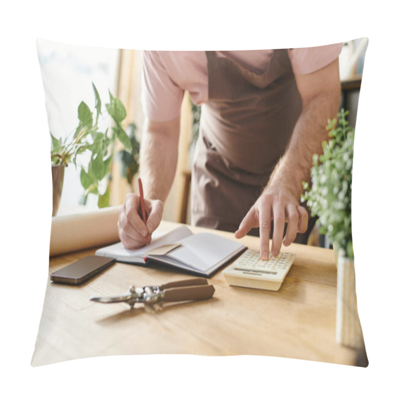 Personality  A Talented Man In An Apron Multitasks, Nurturing Plants And Managing His Small Business Pillow Covers