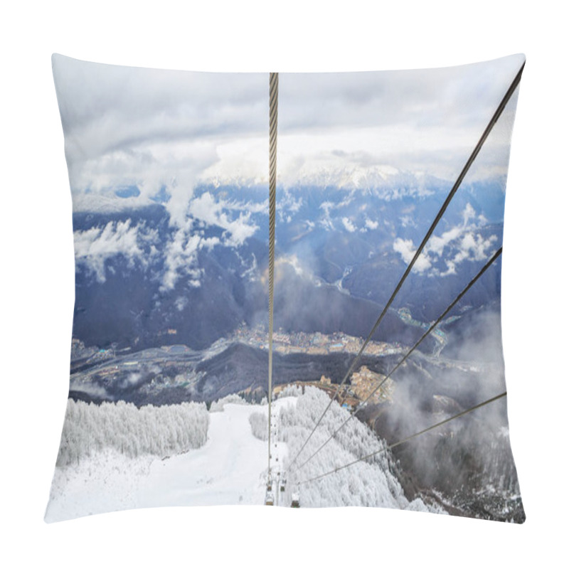 Personality  Cableway Lift With Ski Slopes On Cloudy Sky And Snowy Mountain Background Beautiful Winter Scenic Landscape Pillow Covers