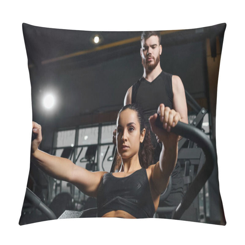 Personality  A Male Trainer Motivates A Brunette Sportswoman During A Workout Session In The Gym. Pillow Covers