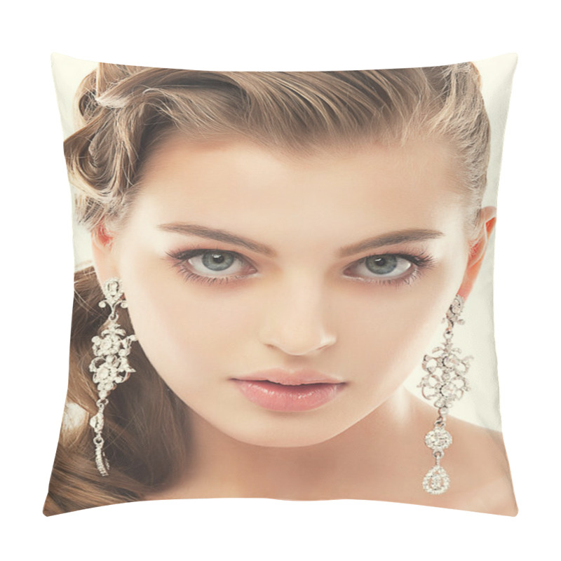 Personality  Jewelry. Portrait Of Gorgeous Exquisite Woman With Shiny Earrings. Refinement Pillow Covers