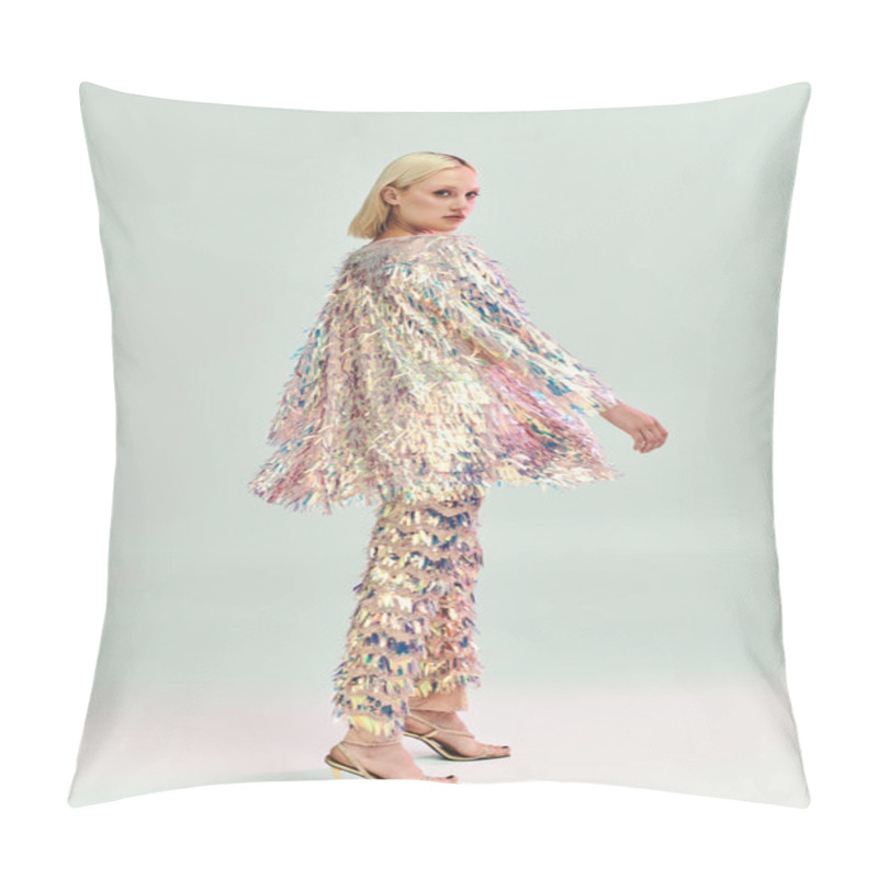 Personality  A Young Woman Poses Elegantly In Luminous, Trendy Attire With Holographic Elements. Pillow Covers