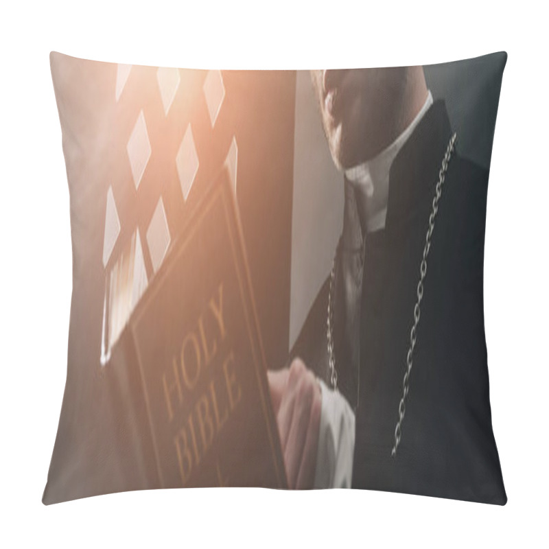 Personality  Cropped View Of Catholic Priest Reading Bible In Dark Near Confessional Grille With Rays Of Light, Panoramic Shot Pillow Covers