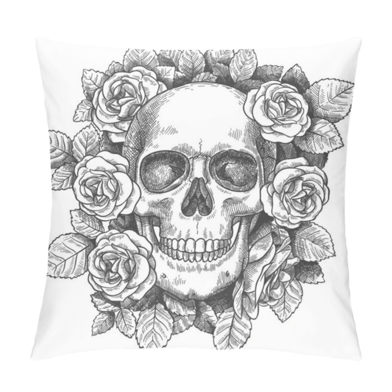 Personality  Skull With Flowers. Sketch Human Skull With Roses, Traditional Gothic Black Tattoo. Drawn Monster Halloween Engraving Vector Artwork Pillow Covers