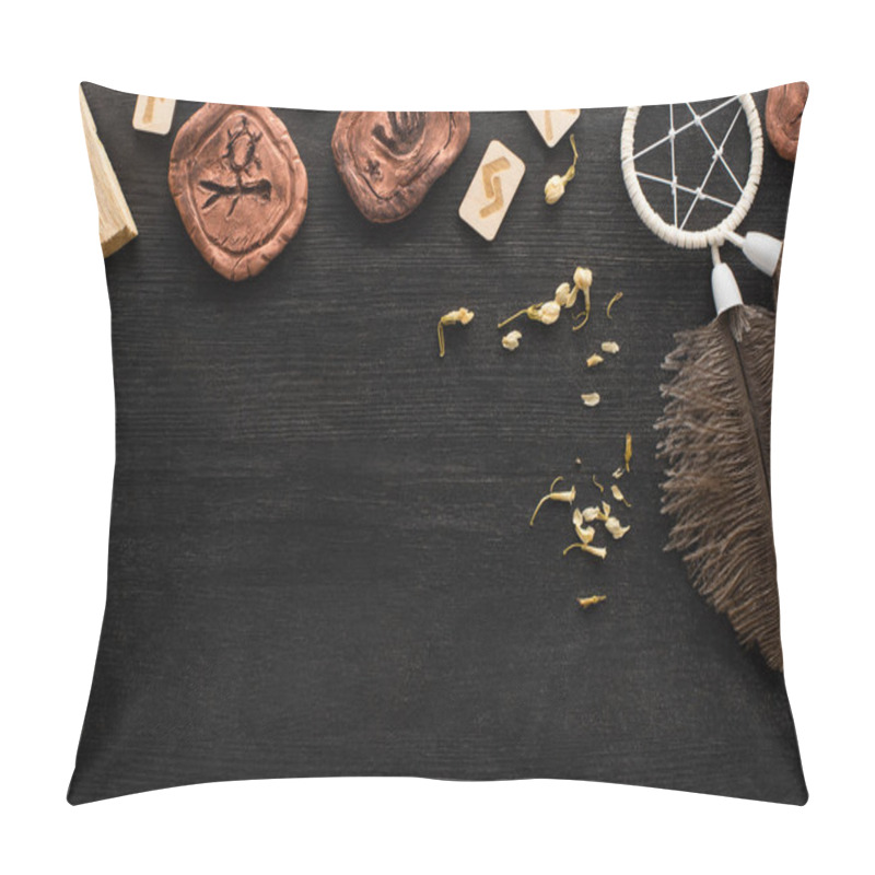 Personality  Top View Of Runes, Dreamcatcher And Dry Flowers On Dark Wooden Surface Pillow Covers