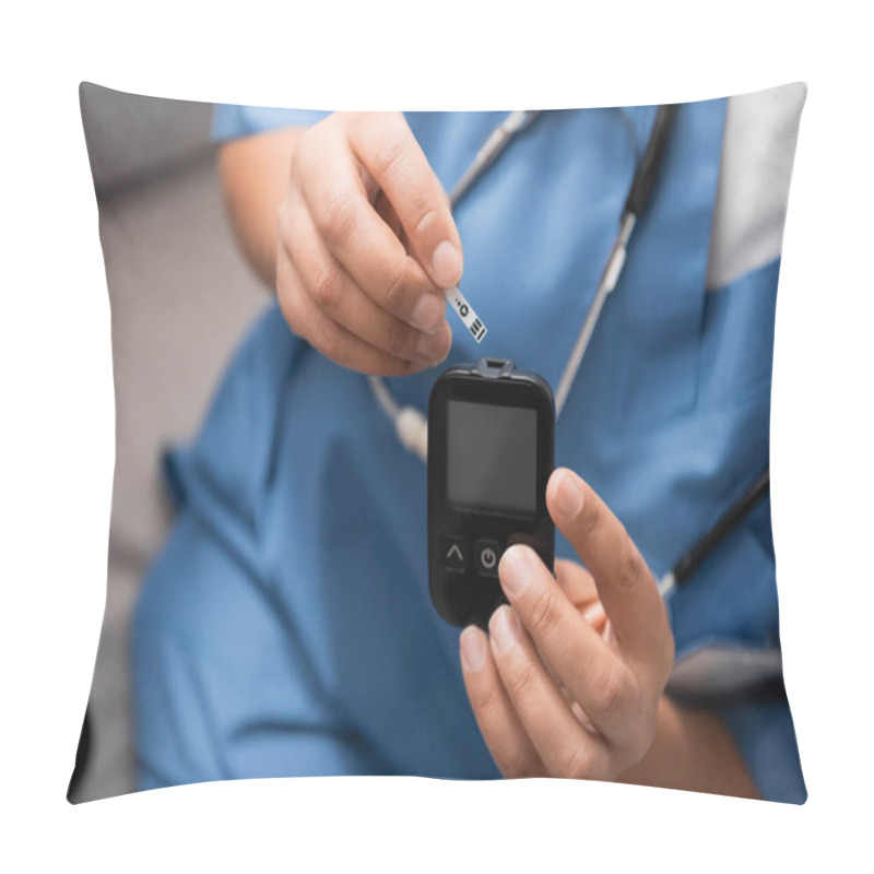 Personality  Cropped View Of Nurse Holding Test Strip And Glucometer In Hands Pillow Covers