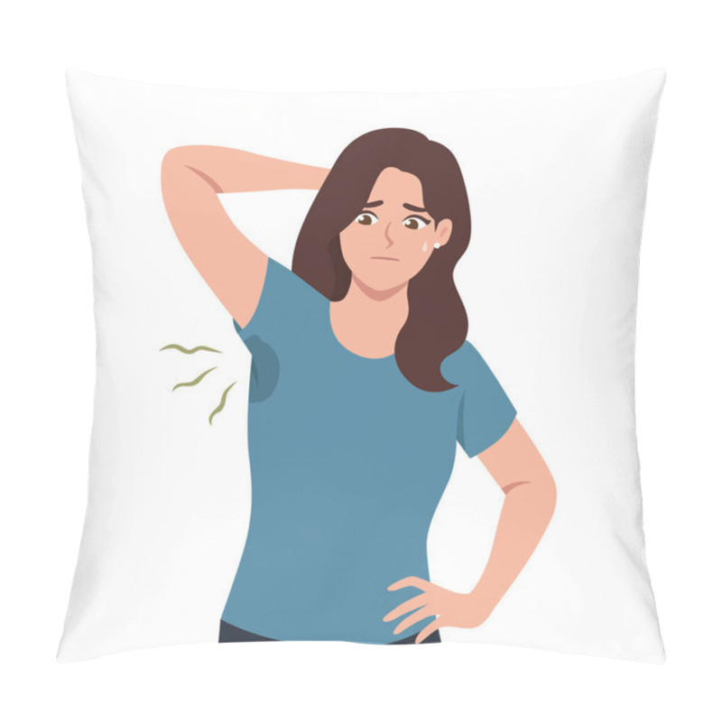 Personality  Young Woman Sniffing And Smelling Her Bad Smell Wet Armpit. Flat Vector Character Illustration Pillow Covers