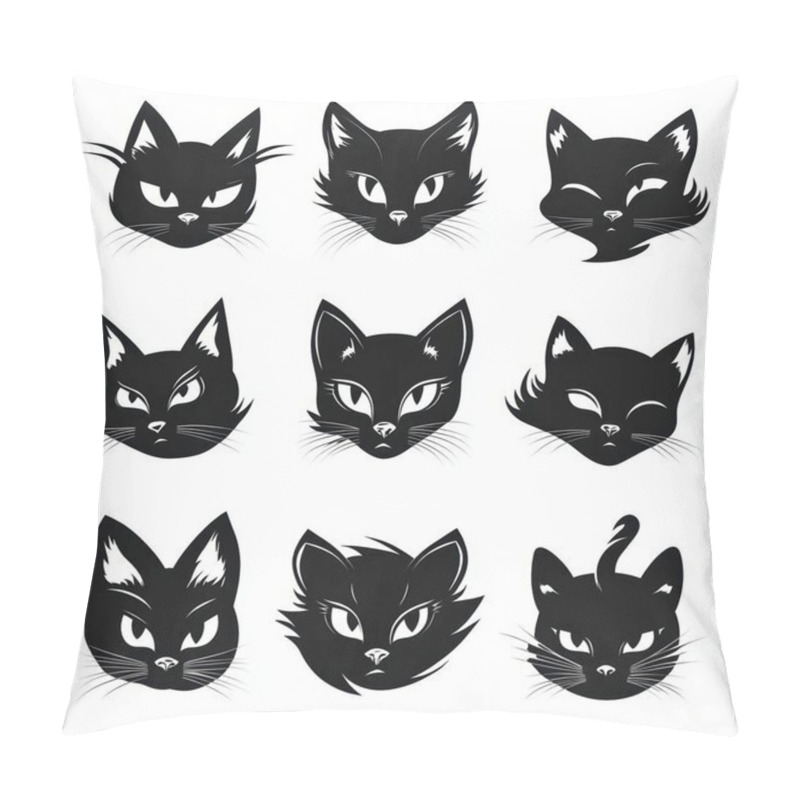 Personality  A Collection Of Nine Playful Black Cat Illustrations, Showcasing Different Expressions And Features. Pillow Covers