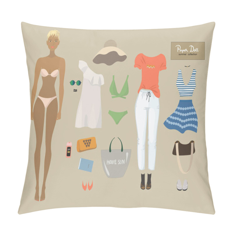 Personality  Dress Up Paper Doll. Female Body Template. Summer Wardrobe With Trendy Outfits.  Pillow Covers