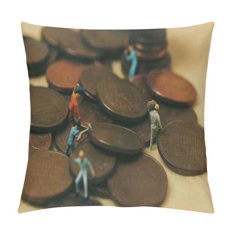 Personality  Economy And Work: Miniature Workers On Coins With A Yellow Background Pillow Covers