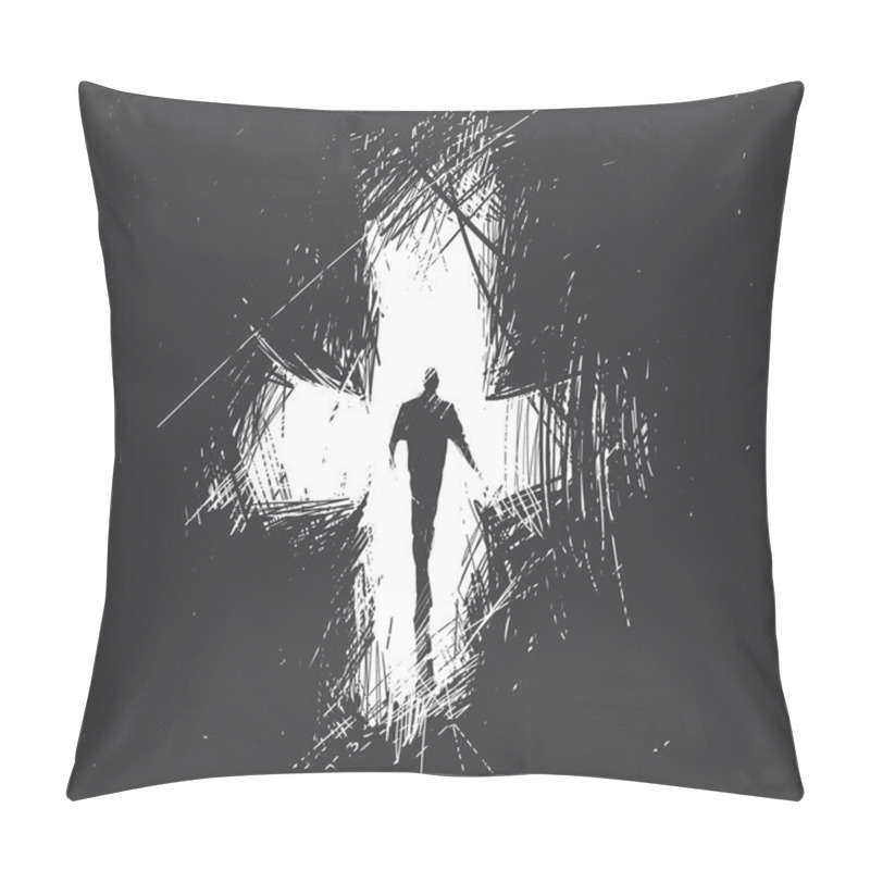 Personality  Man Goes Into The Distance Against The Background Of An Abstract Cross. Last Way Pillow Covers