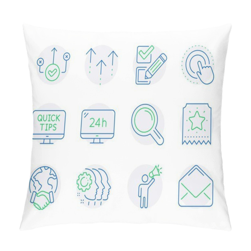 Personality  Technology Icons Set. Included Icon As Loyalty Ticket, Global Business, Checkbox Signs. Swipe Up, Research, 24h Service Symbols. Web Tutorials, Brand Ambassador, Click Hand. Correct Way. Vector Pillow Covers