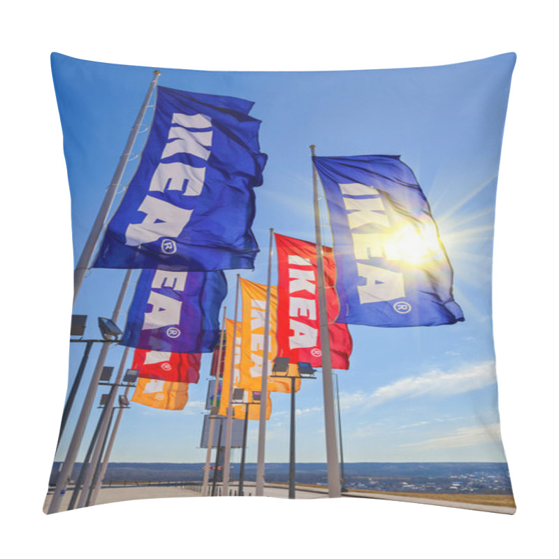 Personality  SAMARA, RUSSIA - APRIL 19, 2014: IKEA Flags Against Sky At The I Pillow Covers