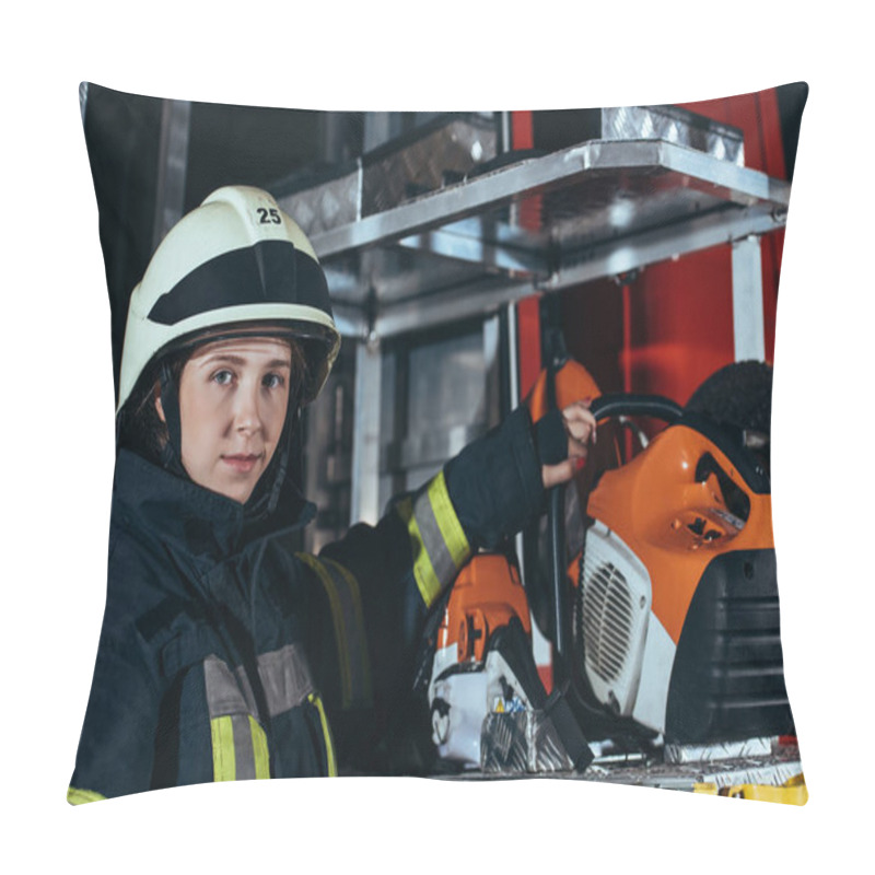 Personality  Portrait Of Female Firefighter Standing At Equipment In Truck At Fire Department Pillow Covers