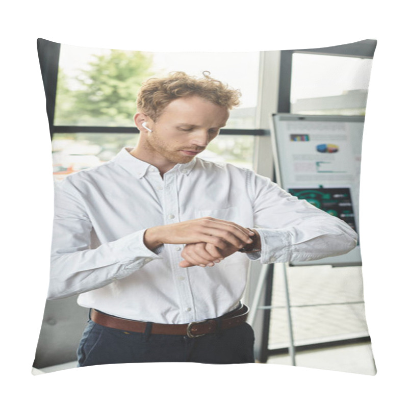 Personality  A Meticulous Redhead Businessman Checks His Watch While Working On A Project In A Contemporary Office Space. Pillow Covers