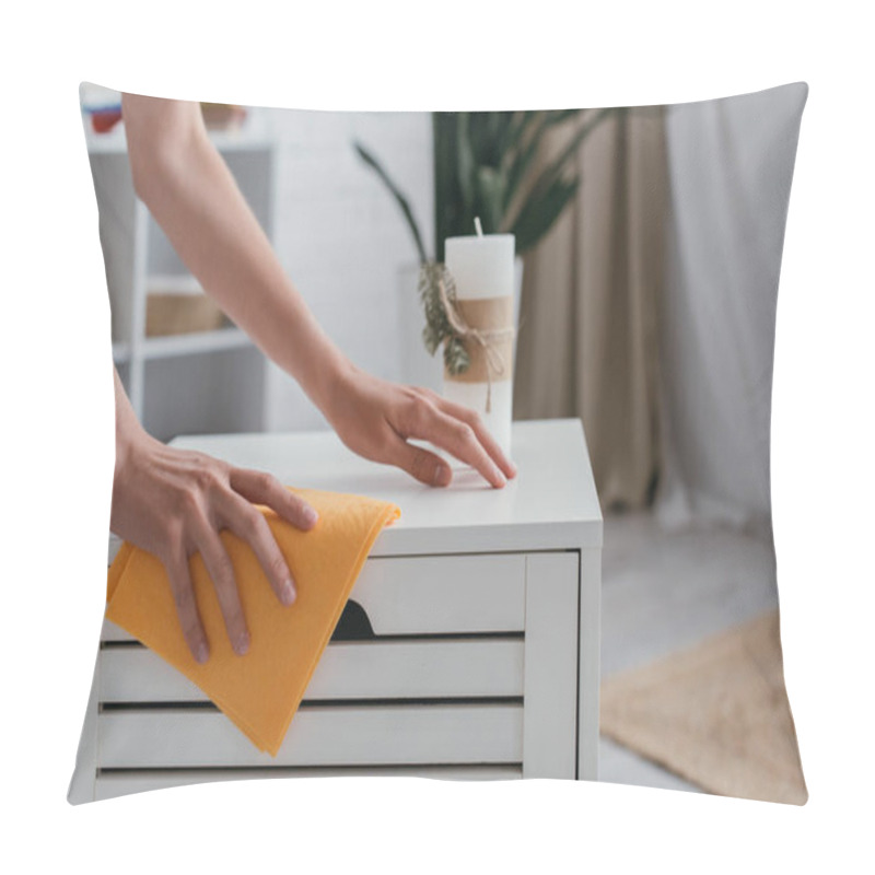 Personality  Cropped View Of Young Woman With Rag Wiping White Bedside Table Near Blurred Candle Pillow Covers