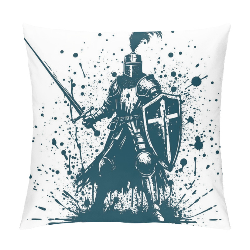 Personality  Medieval Knight In Metal Armor Stands In A Fighting Stance Holding A Sword And Shield At The Ready Abstract Vector Stencil Drawing Pillow Covers