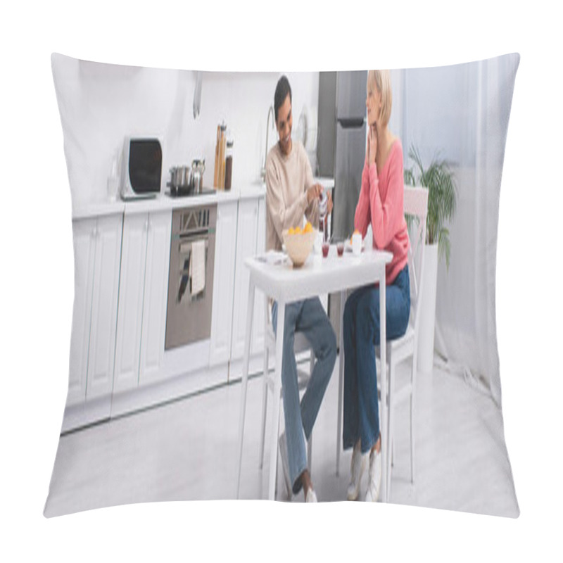 Personality  Happy African American Man Pouring Tea Near Blonde Girlfriend, Banner Pillow Covers